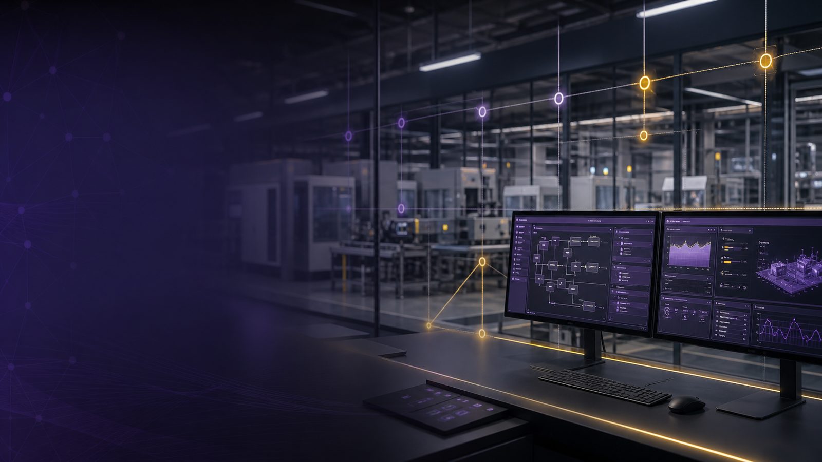 Modern manufacturing control room with subtle network and security interface overlays, illustrating IEC 62443 for industrial cyber security.