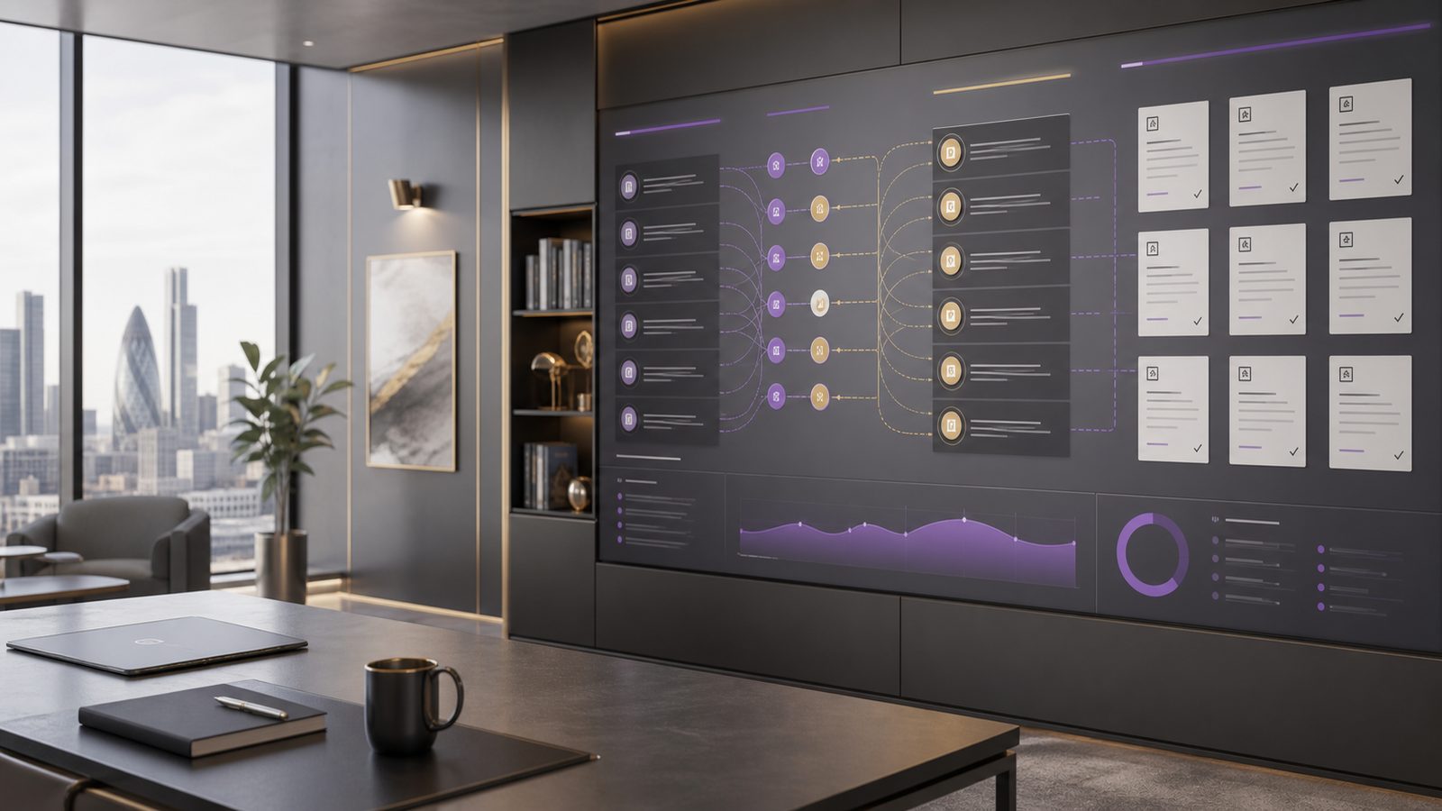 Abstract security control mapping dashboard showing linked governance elements and checklist-style panels in a calm, professional workspace