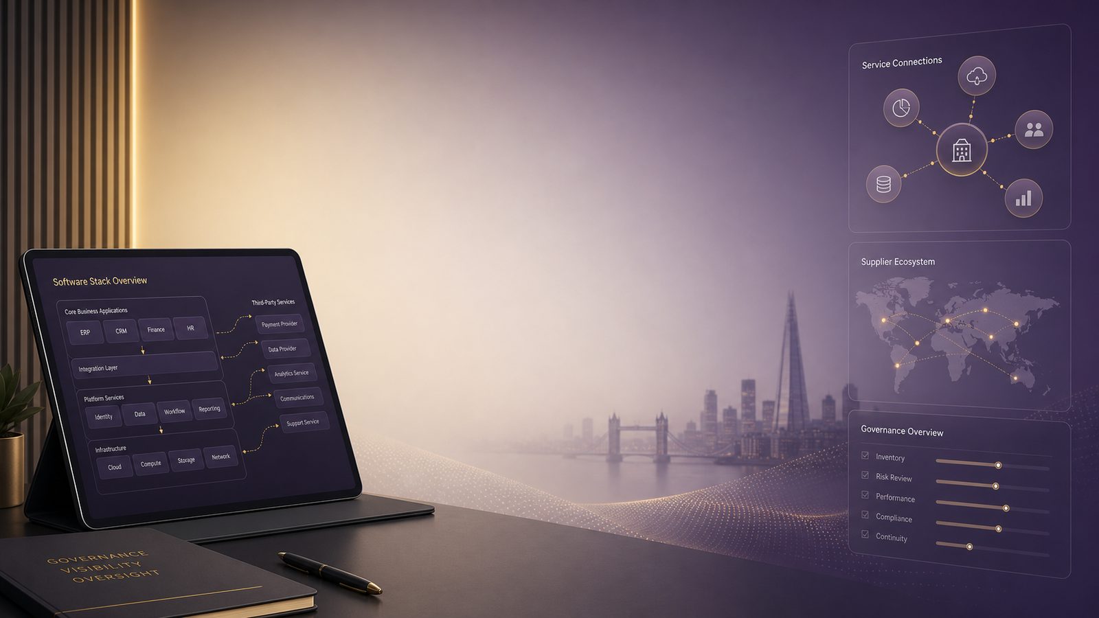 Abstract business technology scene showing connected third-party software systems and supplier oversight in a calm, professional style.