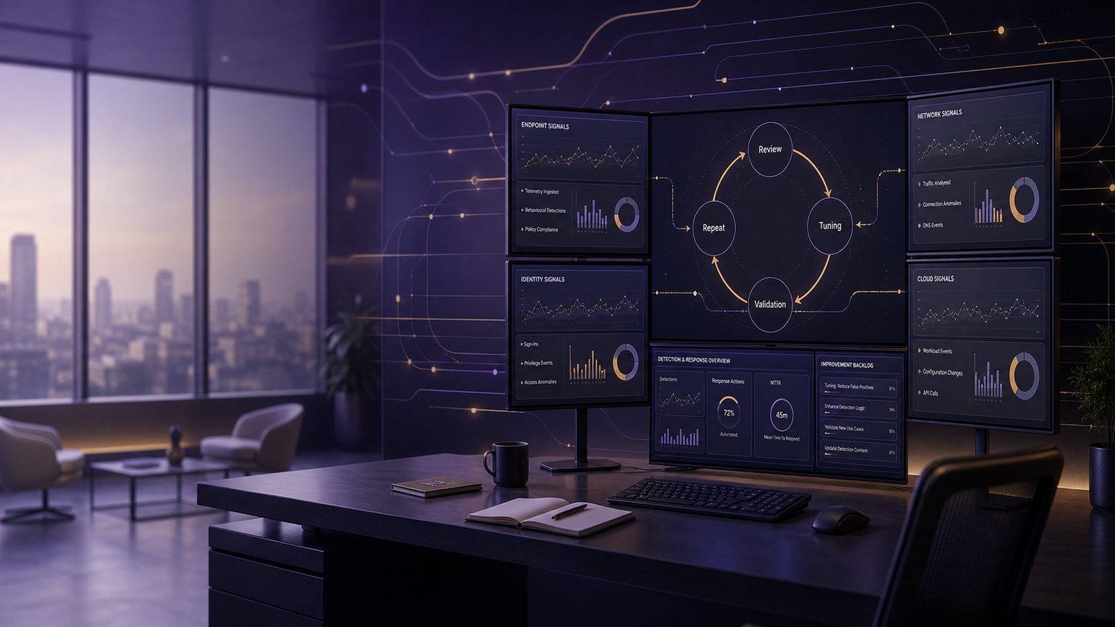 Wide view of a modern security operations dashboard with circular feedback loop graphics and subtle purple and gold accents, representing continuous improvement in security operations.