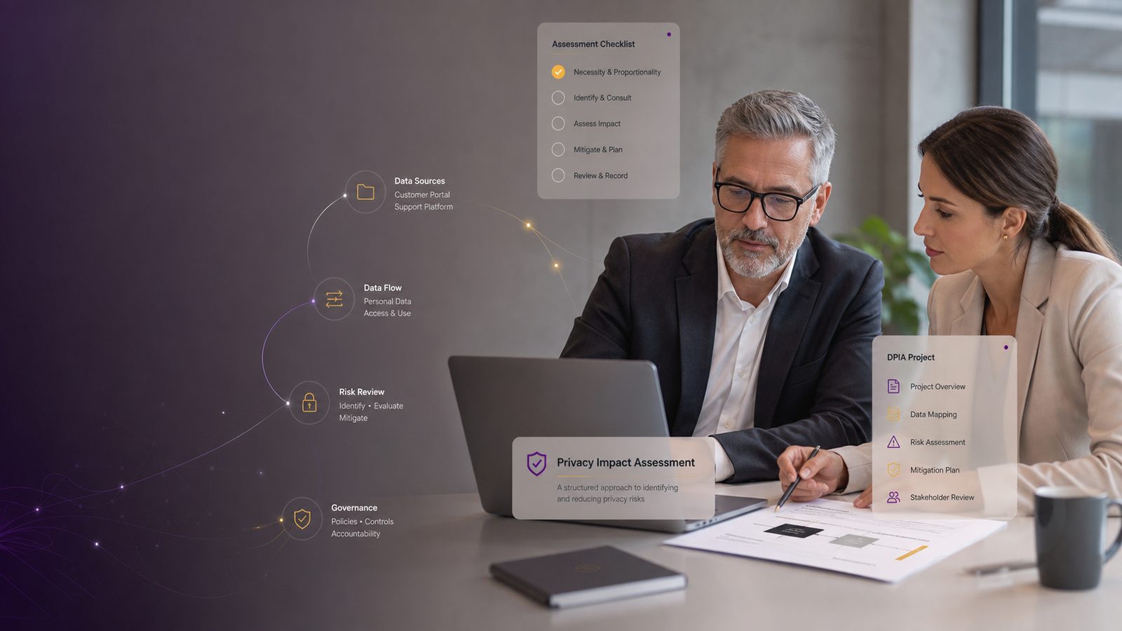 Consultant and business stakeholder reviewing a data protection impact assessment on a laptop in a calm modern office, with subtle privacy workflow overlays.