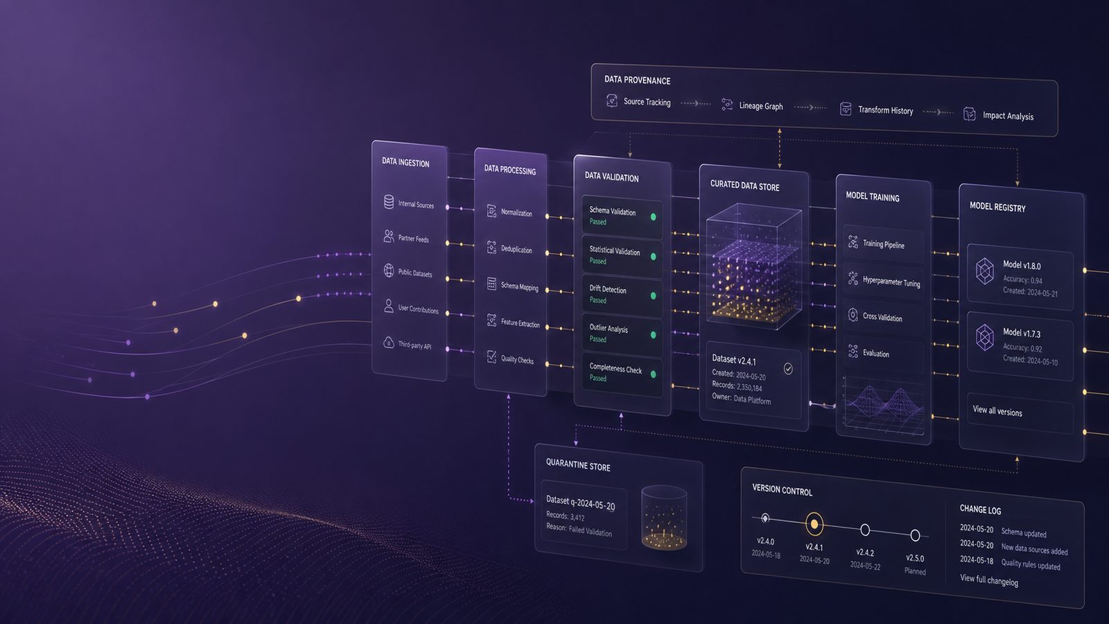 Abstract AI data pipeline with validation checkpoints and subtle gold and purple accents, representing protection against data poisoning.