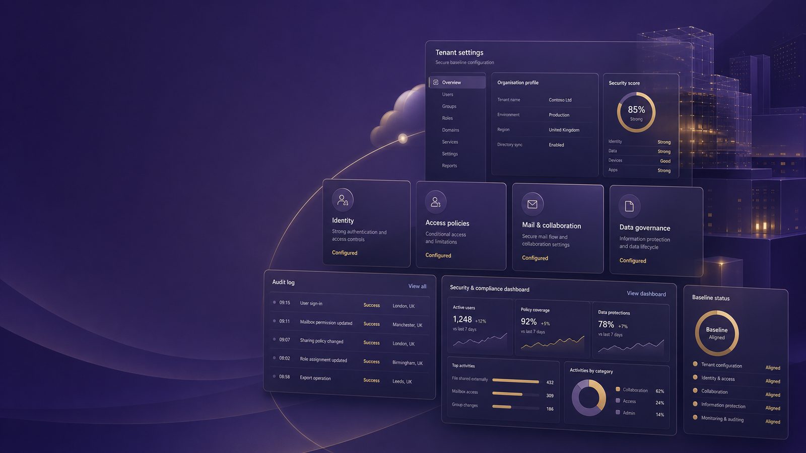 Abstract Microsoft 365 security baseline illustration with policy controls, identity settings, and audit logging in a clean corporate interface.