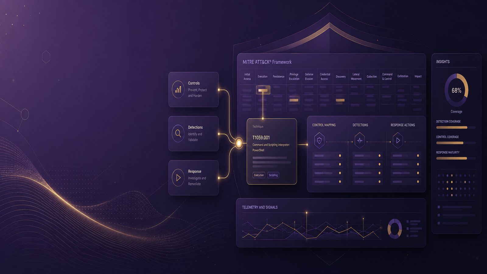 Abstract cybersecurity operations dashboard showing linked detections, controls, and response mapping in a calm purple and gold workspace.