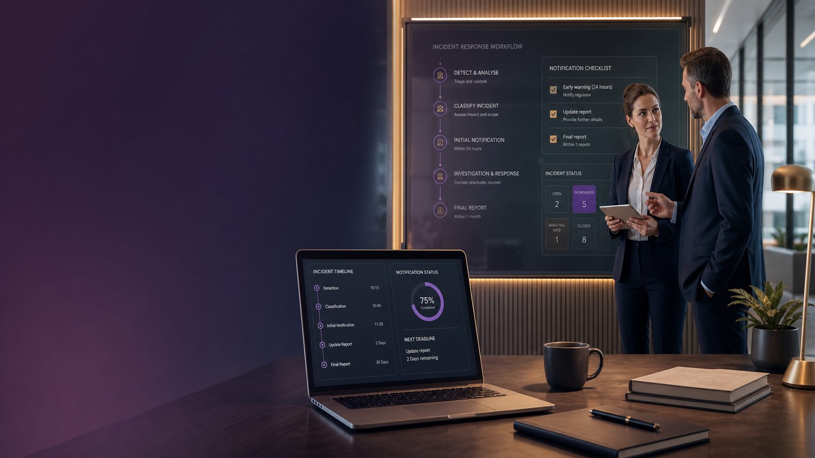Professionals reviewing a calm incident reporting dashboard in a modern office, with subtle gold and purple interface accents.