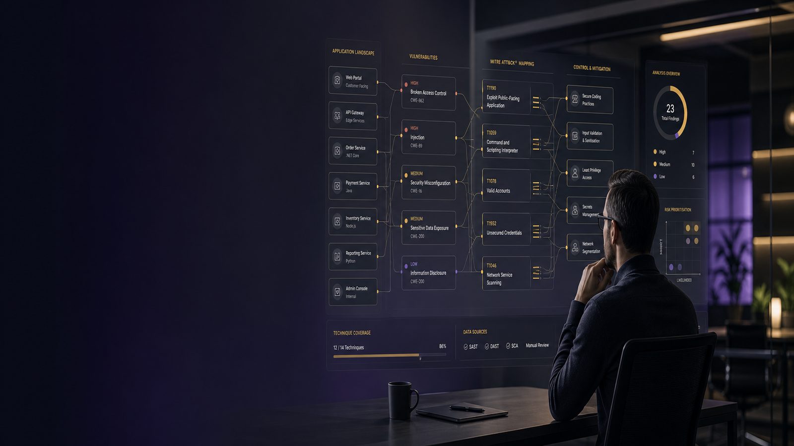 A cybersecurity analyst reviewing a digital interface that maps application vulnerabilities to attacker techniques and remediation priorities.