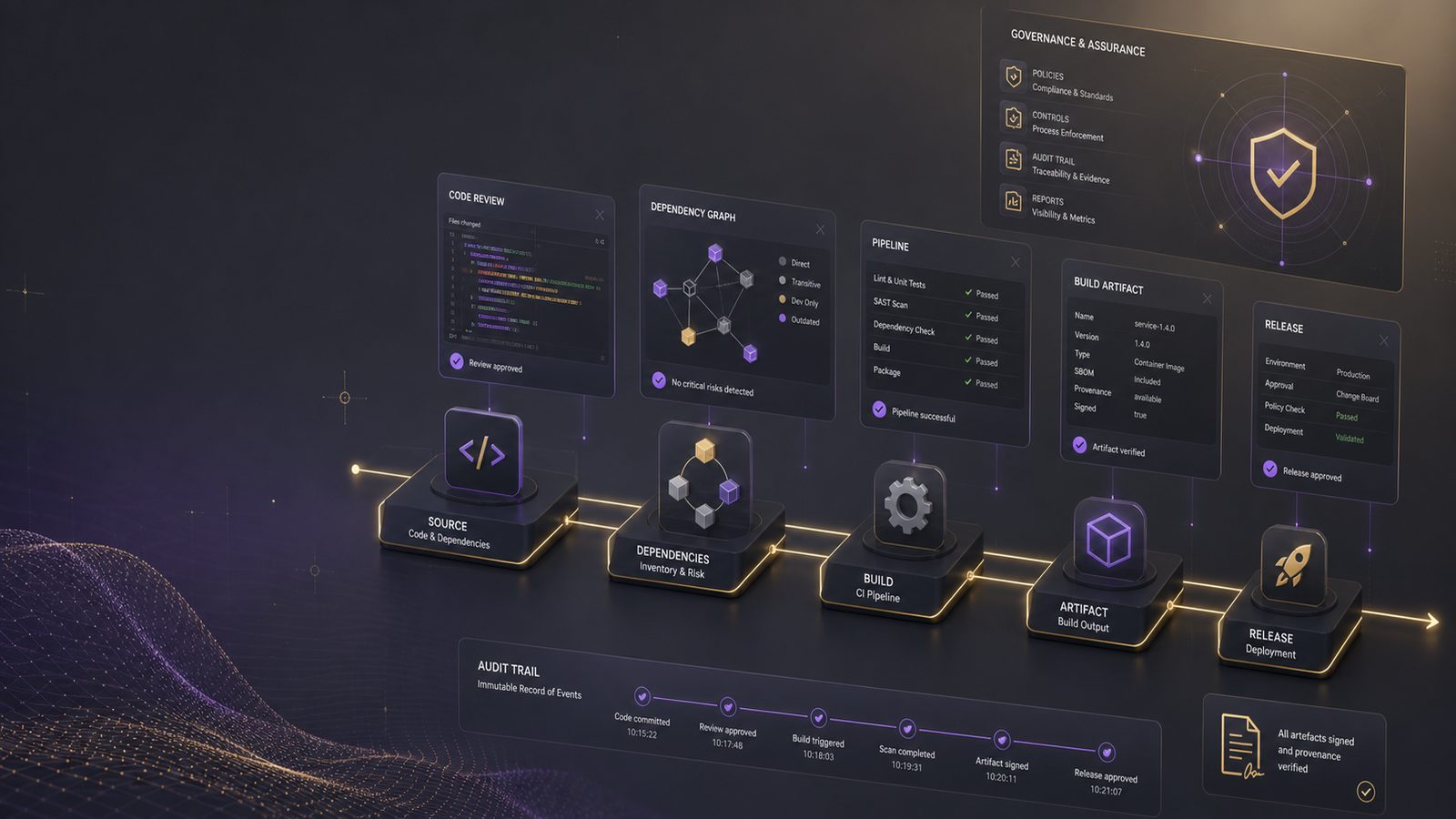 Abstract software supply chain assurance scene showing a secure delivery pipeline with code review, dependency checks, build verification, and signed release controls.