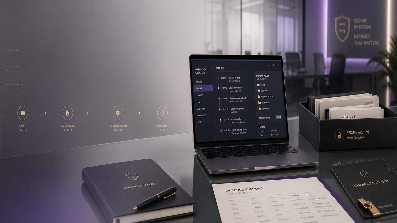 A clean incident review workspace with log timelines, audit trail records, and secure evidence storage, shown in a calm corporate style.