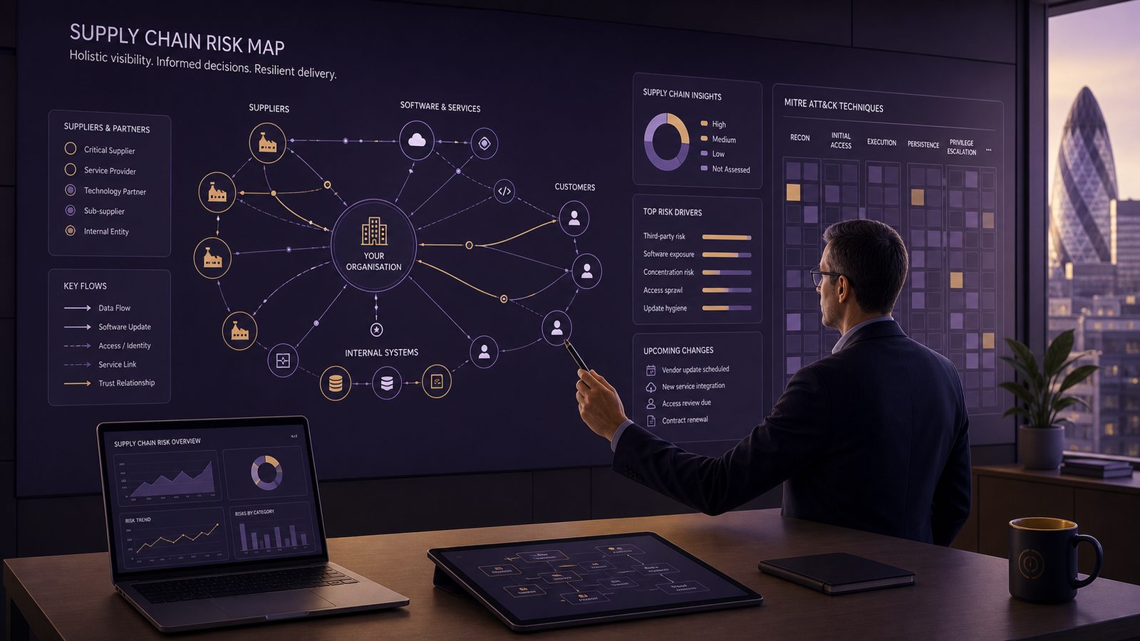 A cybersecurity consultant reviews a supply chain risk map with connected supplier and system links on a clean dashboard.