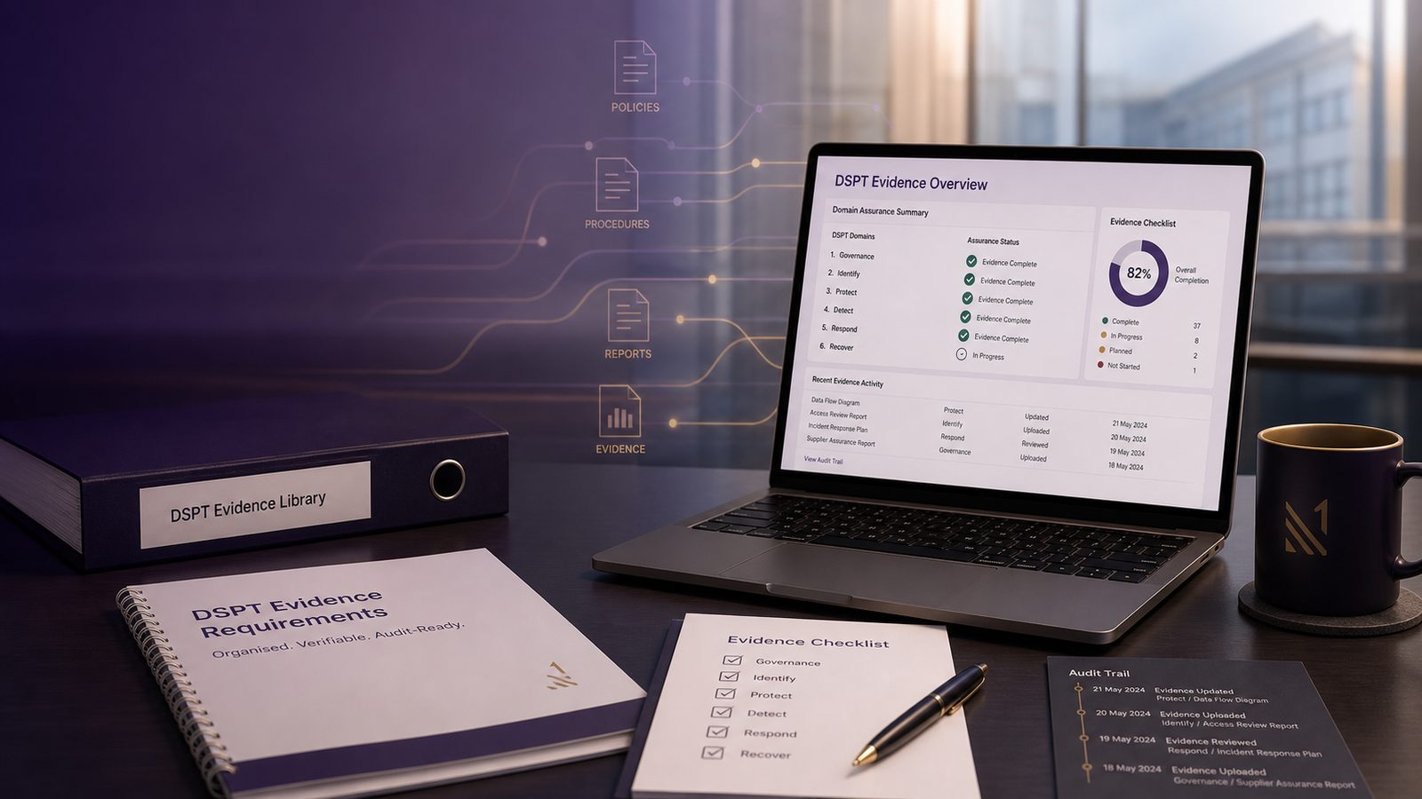 A professional workspace showing a laptop, organised compliance documents, and a simple evidence checklist with subtle gold and purple accents.