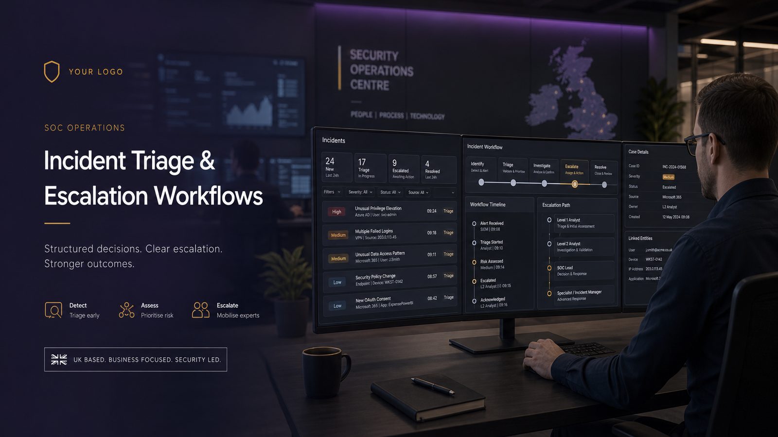 A modern security operations analyst reviewing incident triage and escalation workflows on a dashboard in a calm, professional SOC environment.