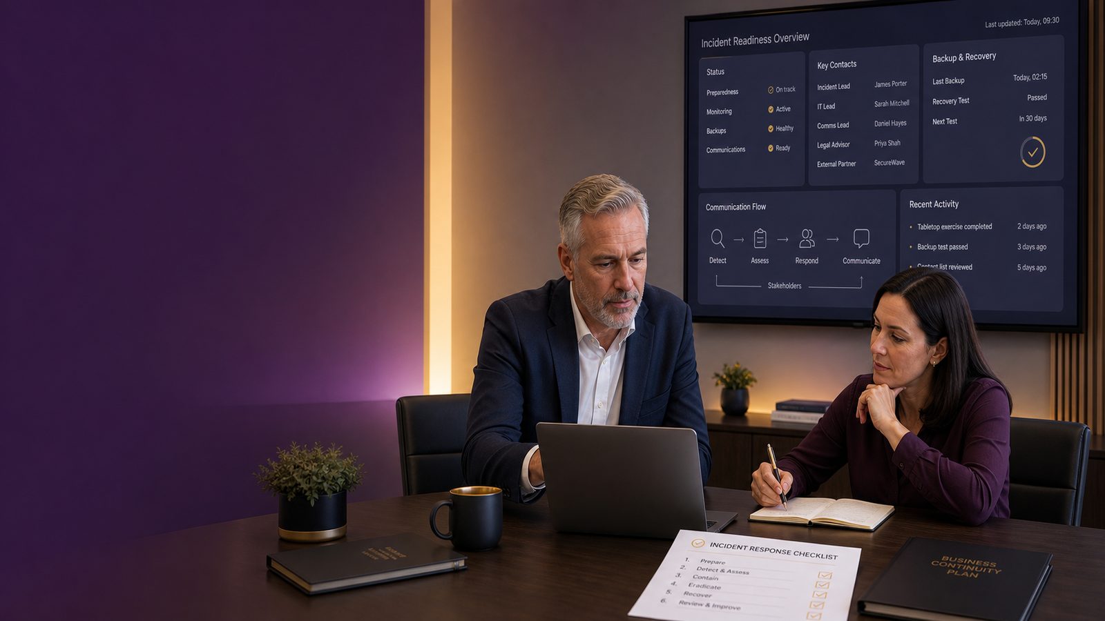 Business team reviewing an incident response checklist and recovery plan in a modern office