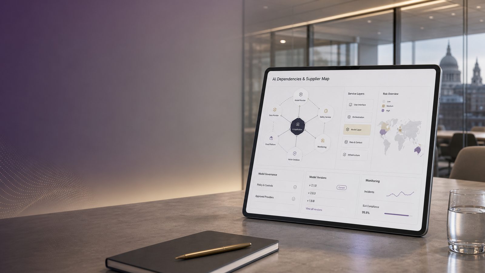 A clean corporate illustration of AI dependency mapping and supplier risk controls on a tablet display in a modern workspace.