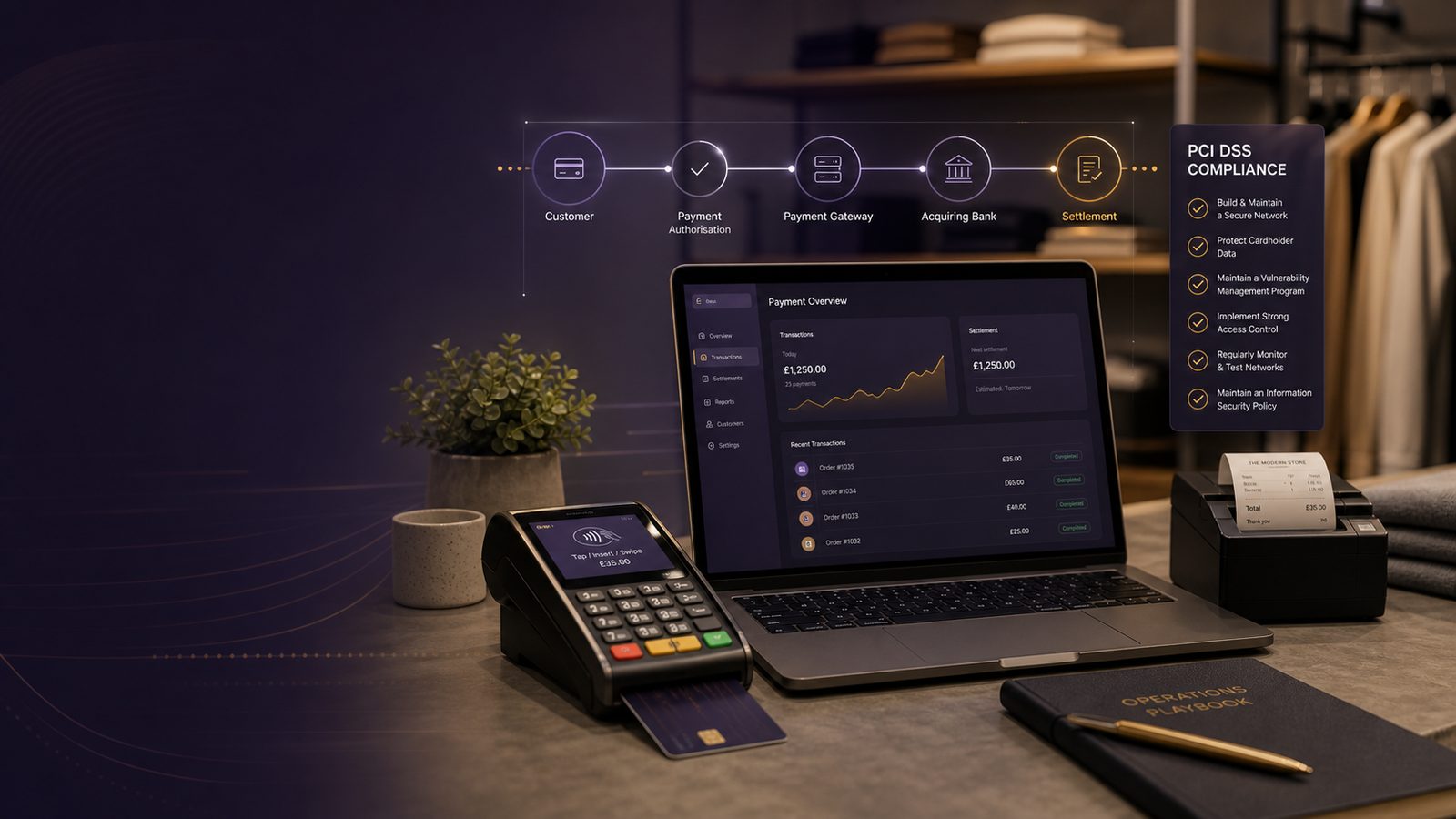 A modern small merchant payment setup with subtle digital interface lines, representing PCI DSS in a calm and professional way.