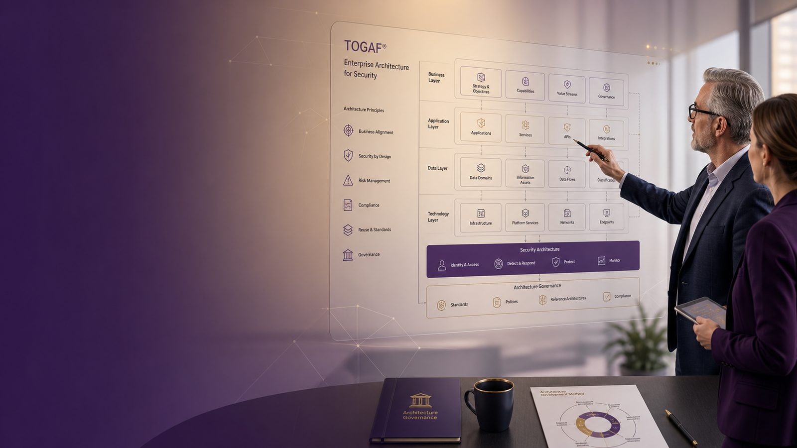 Consultant reviewing a clean security architecture diagram with subtle gold and purple accents