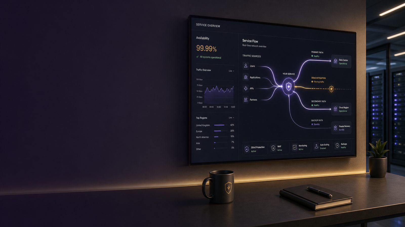 Professional office-style cybersecurity illustration showing service availability, network traffic, and resilient infrastructure with subtle gold and purple accents.