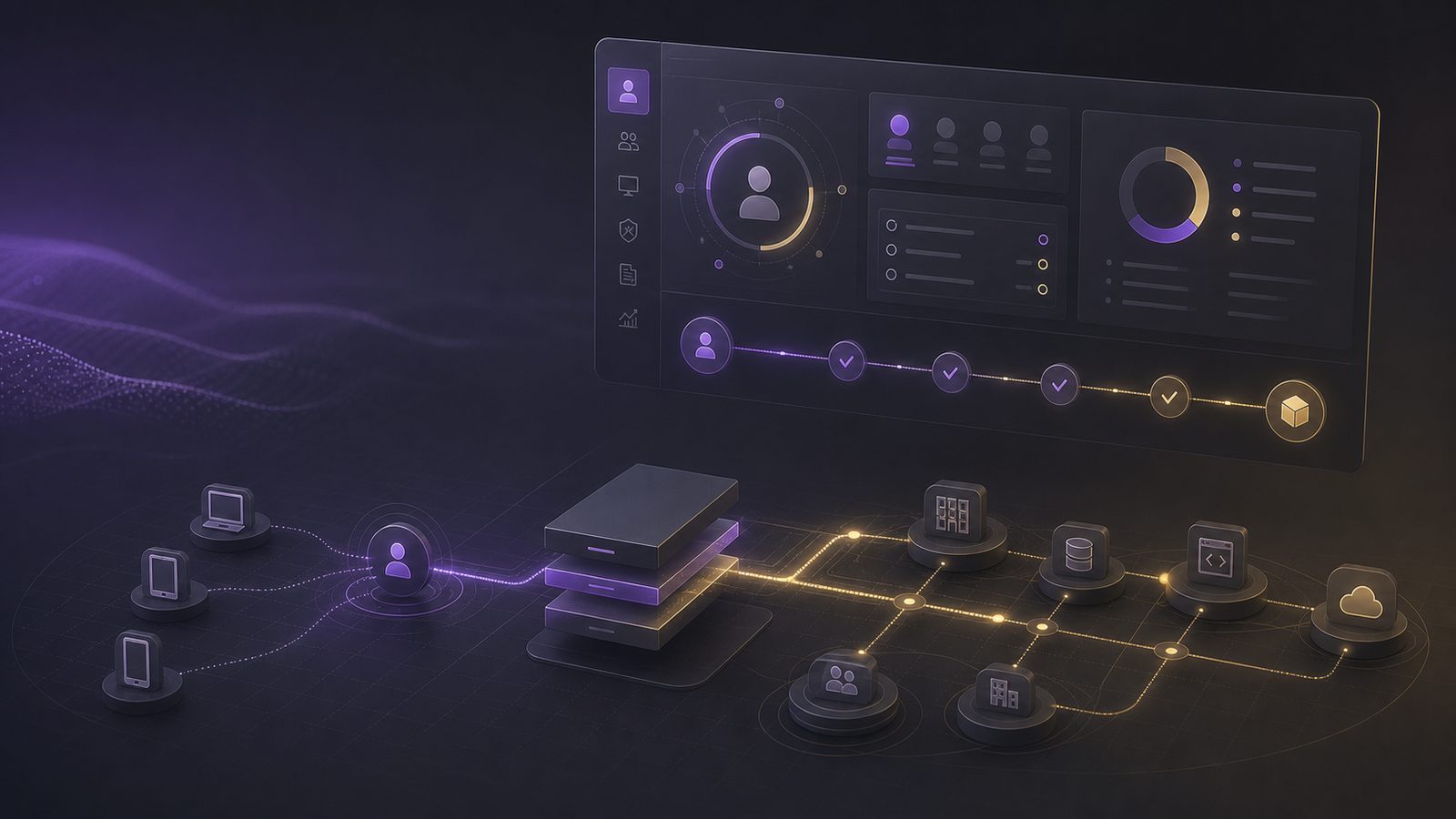 Abstract Zero Trust identity and access architecture with layered policy controls and subtle gold and purple interface accents