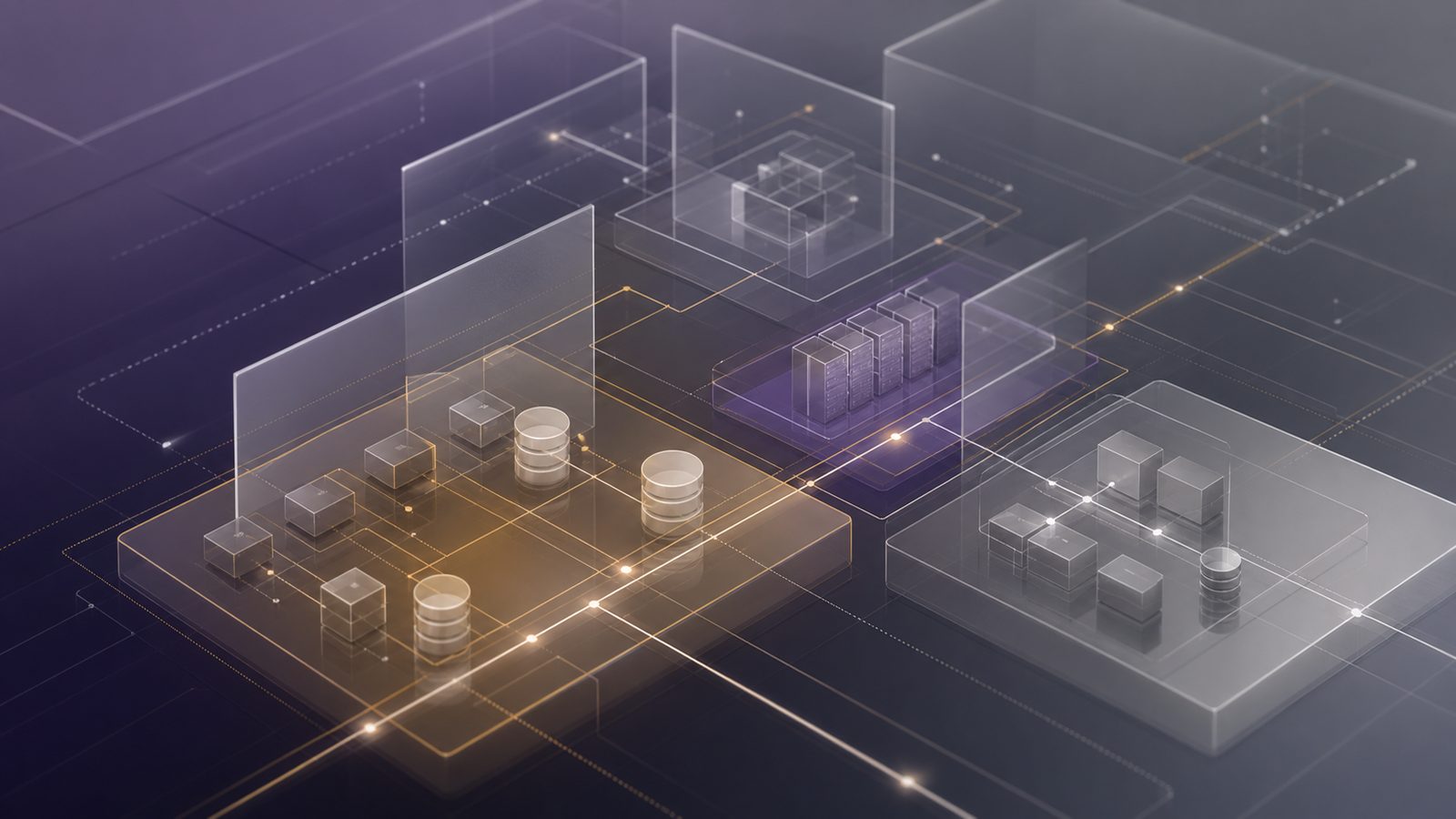 Abstract security architecture illustration showing segmented network paths and isolated workloads with subtle gold and purple accents