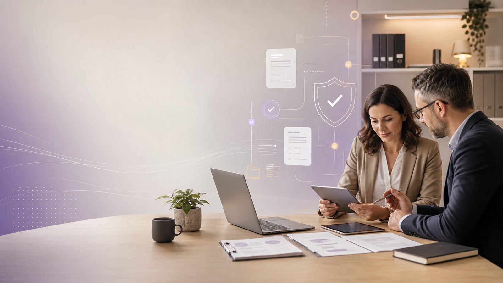 Business workspace with subtle data governance visuals representing GDPR principles for SMEs