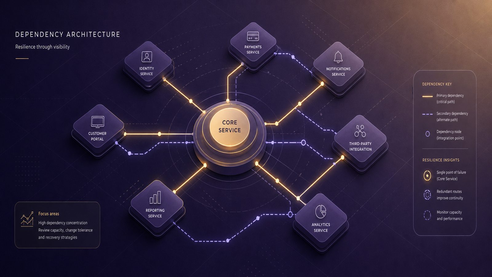 Abstract security architecture diagram showing connected systems, a central dependency hub, and redundant pathways highlighting bottlenecks and single points of failure.