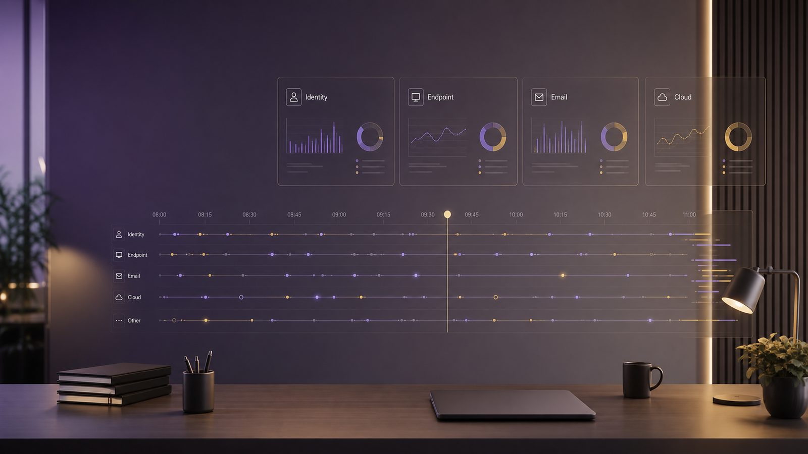 Modern security logging dashboard with subtle timeline and activity panels in a calm purple and gold palette