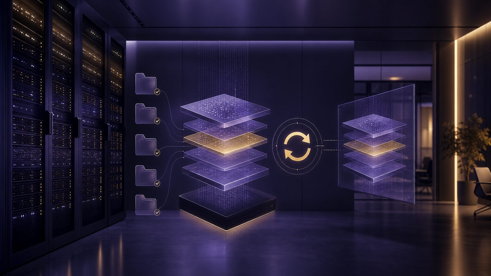 Abstract professional illustration of backup and recovery planning with layered data storage and restore workflow in a calm purple and gold business IT setting.