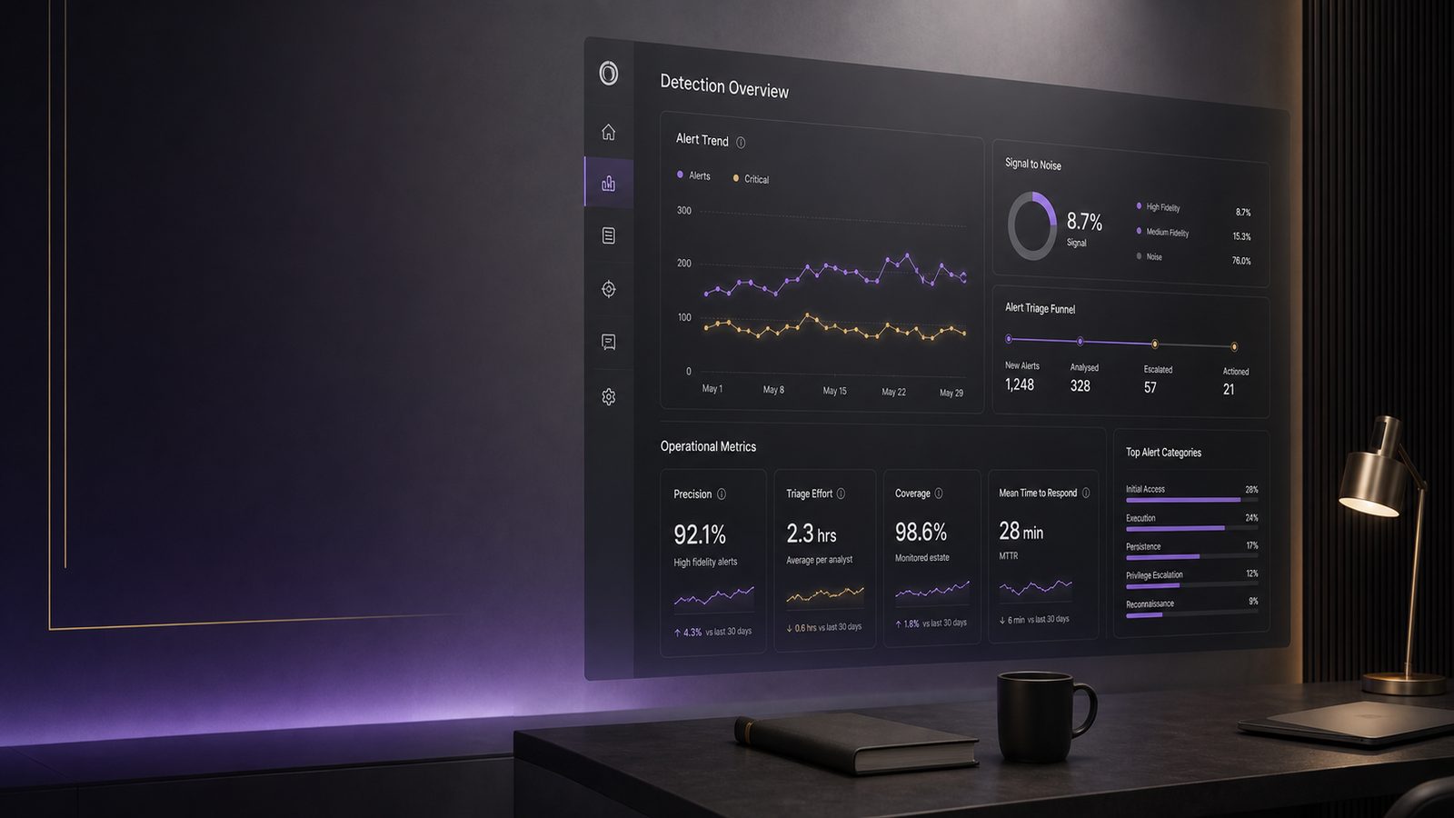 Abstract security operations dashboard showing detection quality metrics, alert trends, and triage indicators in a calm modern workspace