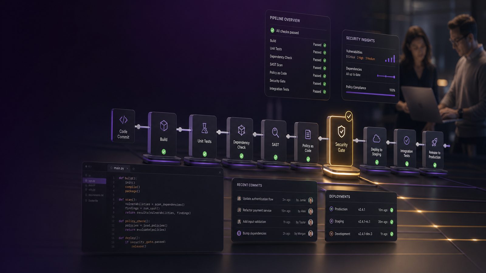 Abstract software delivery pipeline with security checks integrated into a clean CI/CD workflow