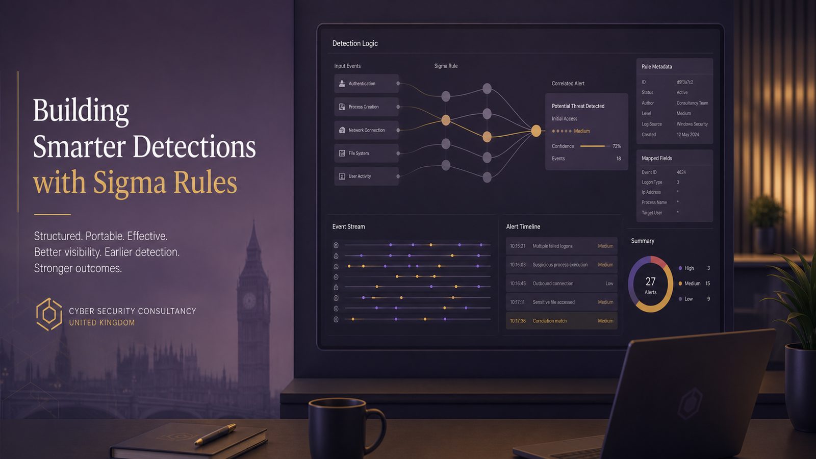 A modern security operations dashboard showing abstract SIEM detections and Sigma rule logic in a calm, professional workspace with subtle purple and gold accents.