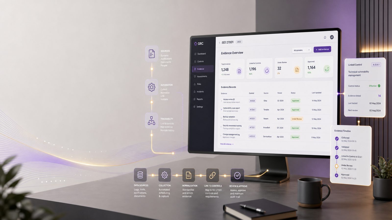 Professional dashboard showing automated ISO 27001 evidence collection and GRC workflow tracking