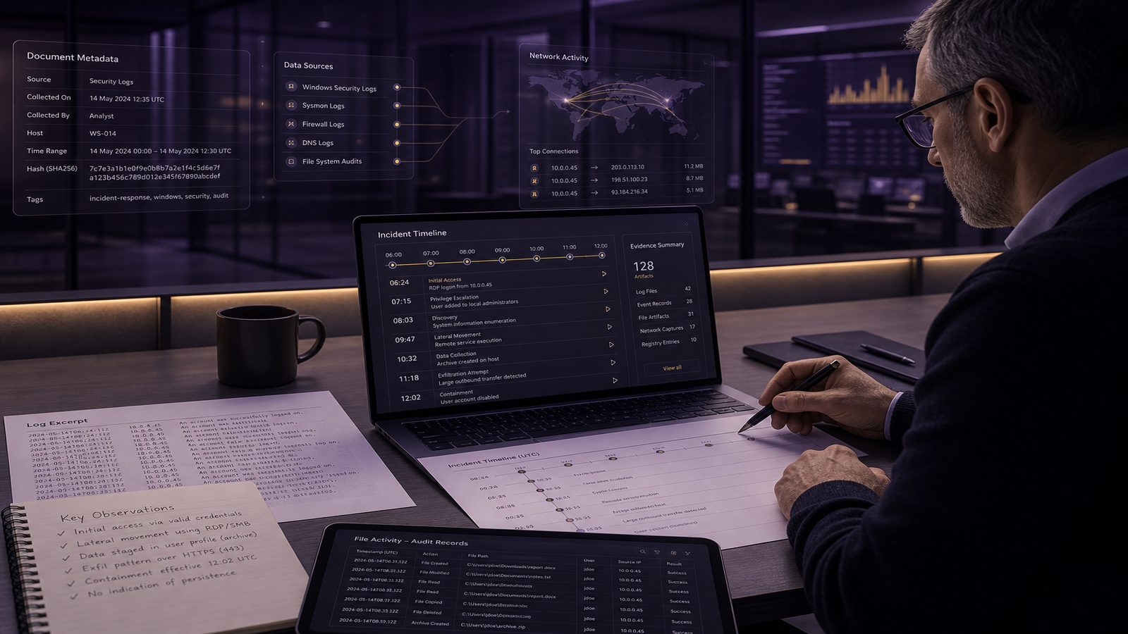 A consultant reviewing incident evidence and logs on a laptop in a calm cybersecurity analysis workspace