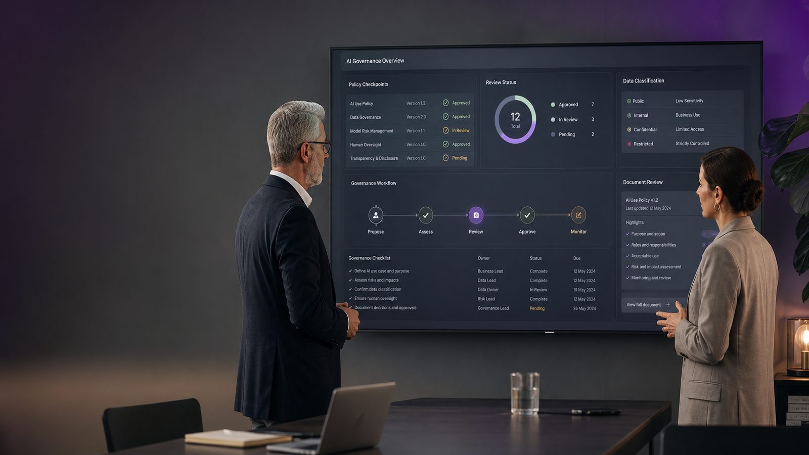 Two professionals reviewing an AI governance dashboard in a modern office, with checklist and approval indicators on a widescreen display.