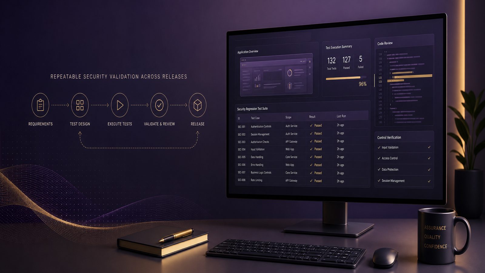 A calm, modern software testing workspace with abstract interface panels and test case checks representing security regression testing and abuse case testing.