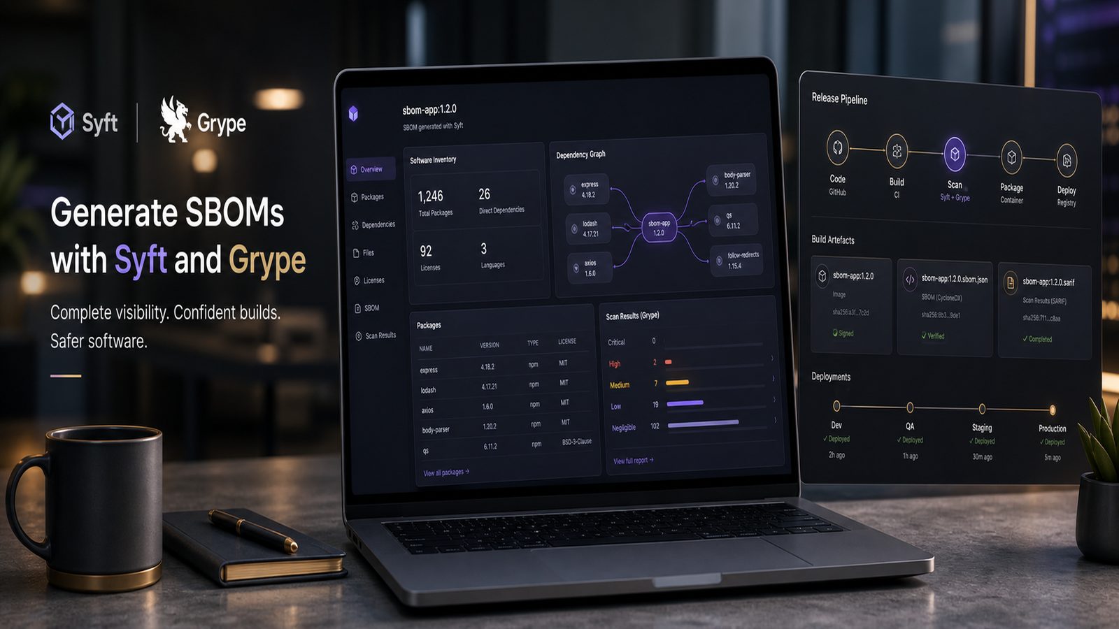 Software engineering workspace showing an SBOM inventory interface and release pipeline visuals with subtle gold and purple accents