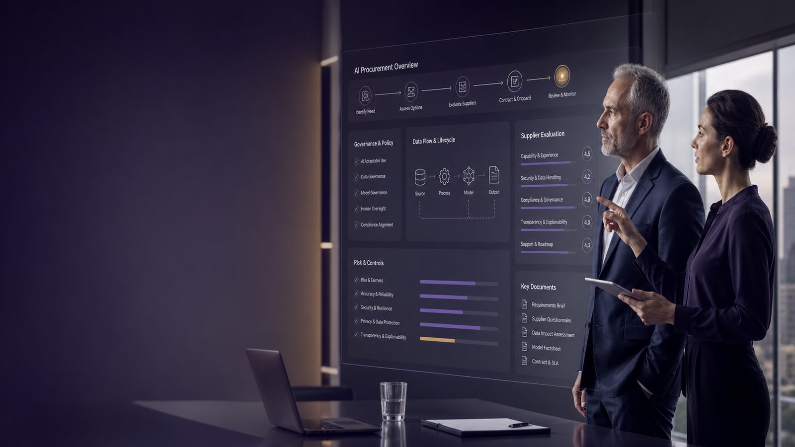 Business and technical colleagues reviewing AI procurement controls on a modern dashboard in a calm office setting