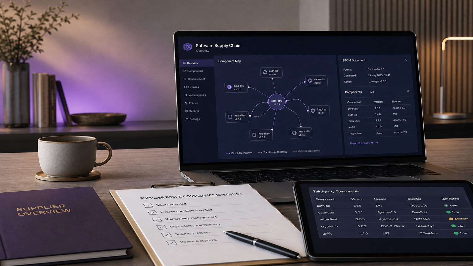 A professional software supply chain review scene with a screen showing component dependencies and a software bill of materials