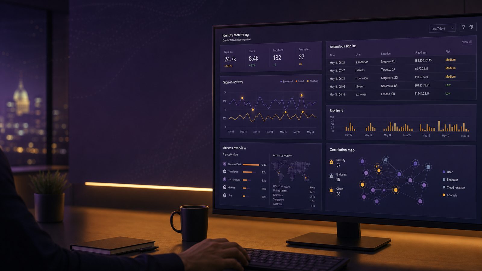 Abstract security operations dashboard showing identity activity, anomaly detection, and correlated access patterns in a calm professional style