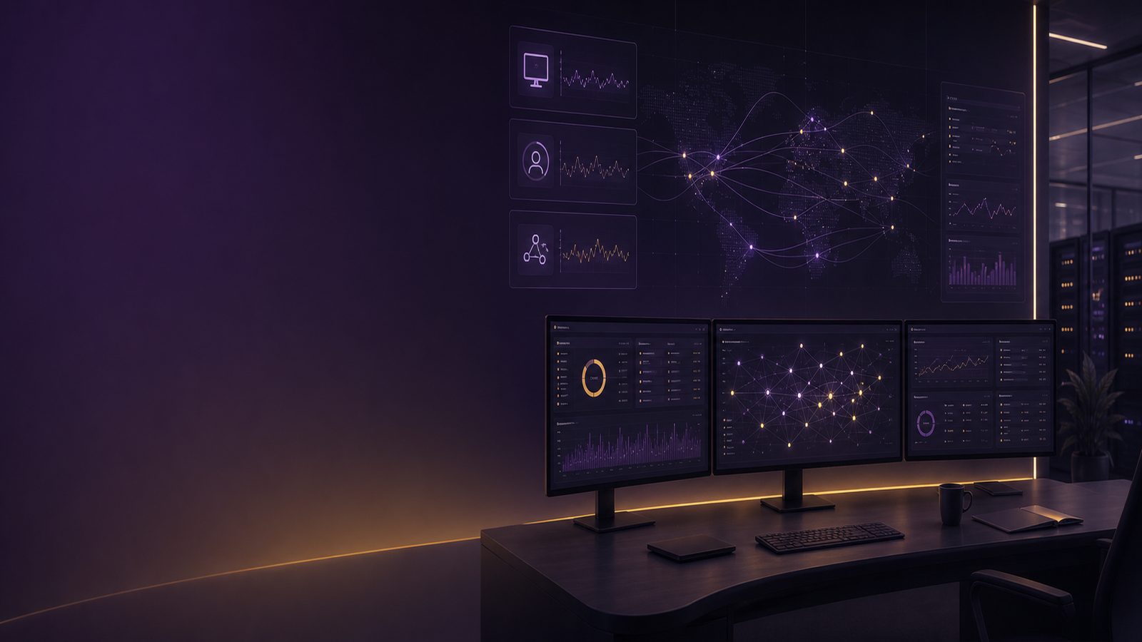 Abstract security operations scene showing integrated network monitoring with network flow lines, dashboard panels, and subtle purple and gold accents.
