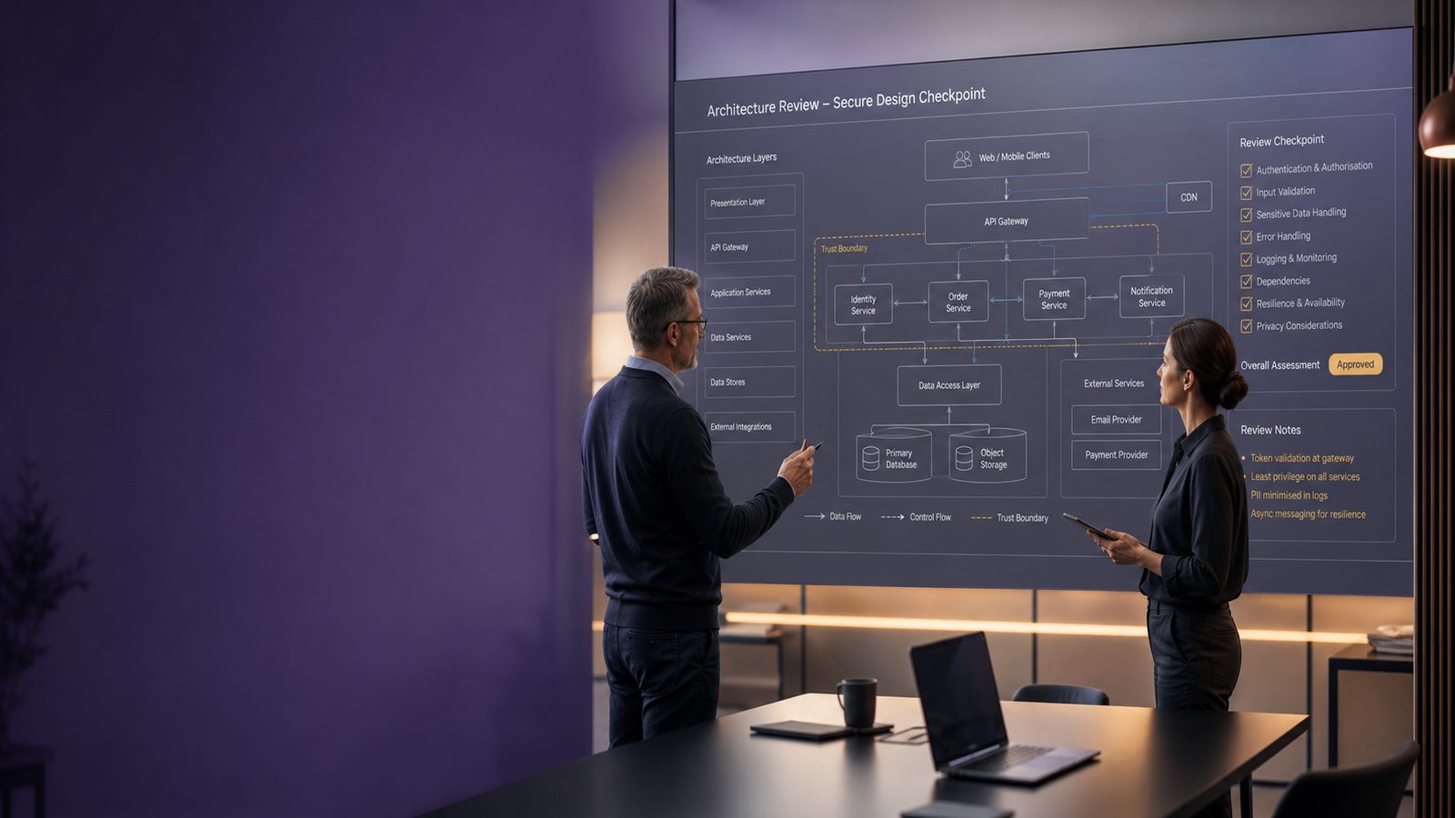 Two professionals reviewing a software architecture diagram on a large display, with subtle security checkpoints and data-flow highlights.