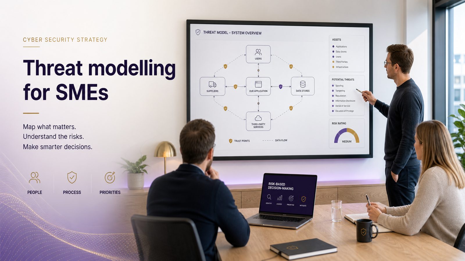 A professional team reviewing a digital threat model diagram with subtle gold and purple accents in a modern business setting