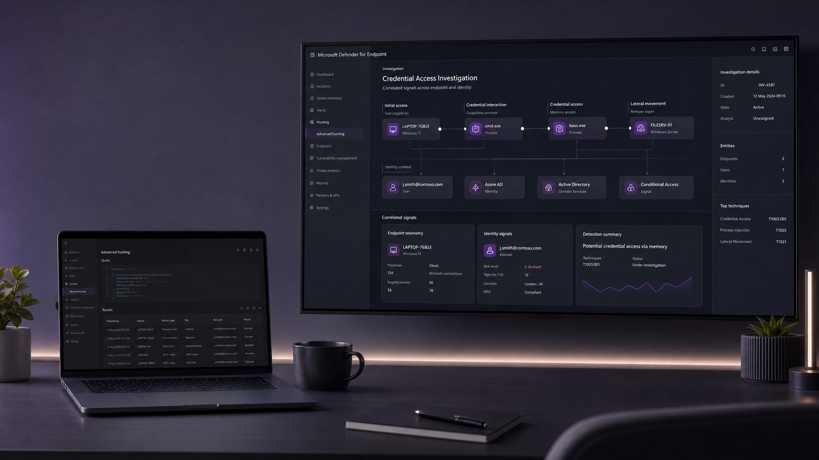 A modern security operations workspace with an abstract endpoint monitoring dashboard showing telemetry and identity signals for Defender for Endpoint detection.