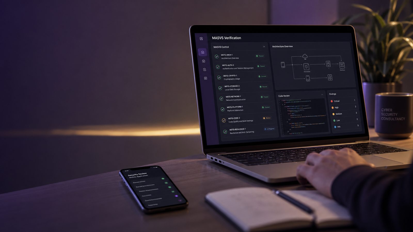 A mobile app security review scene with a smartphone, laptop, and abstract verification interface in a calm professional workspace