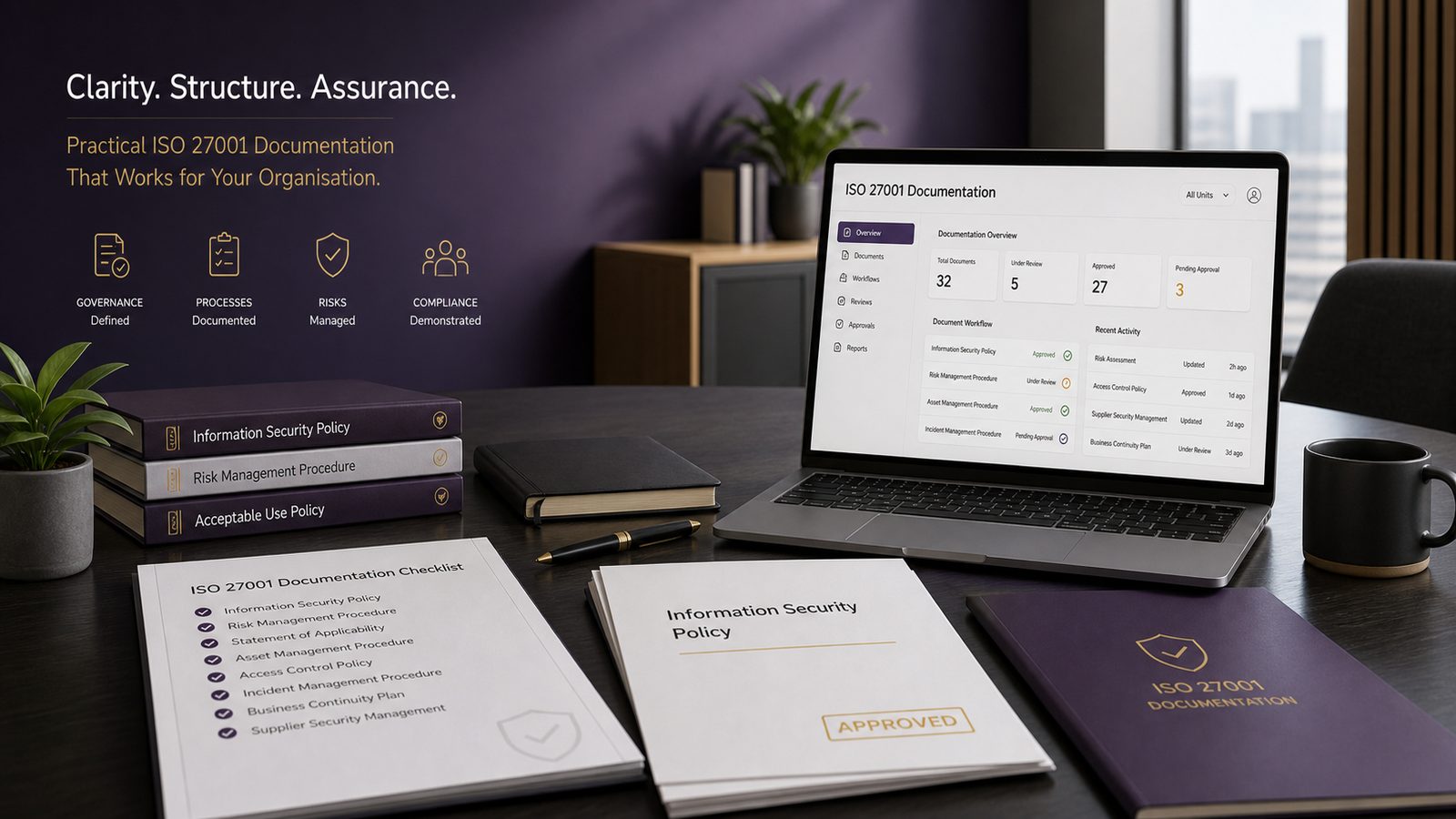 A modern desk with compliance documents, a laptop showing a simple workflow dashboard, and subtle gold and purple lighting accents suggesting ISO 27001 policies and procedures.