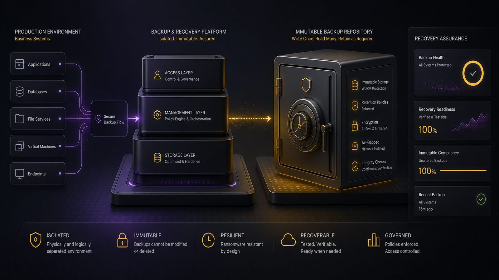 Abstract illustration of a protected backup architecture with immutable storage and recovery controls, using subtle gold and purple accents.