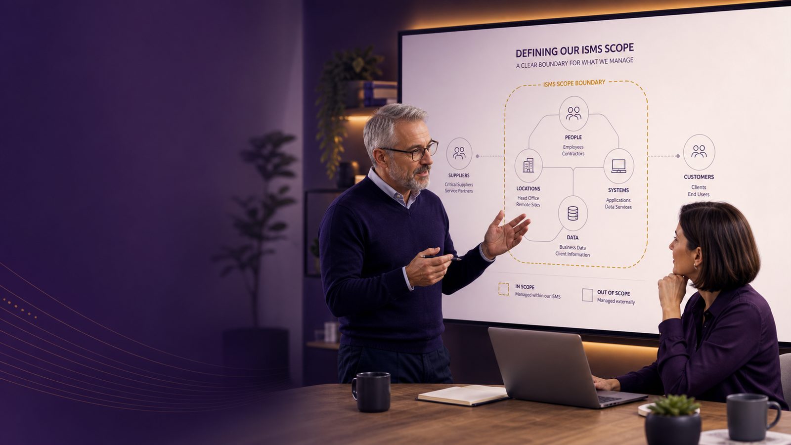 Consultant and SME decision-maker reviewing an ISMS scope diagram on a screen in a modern office