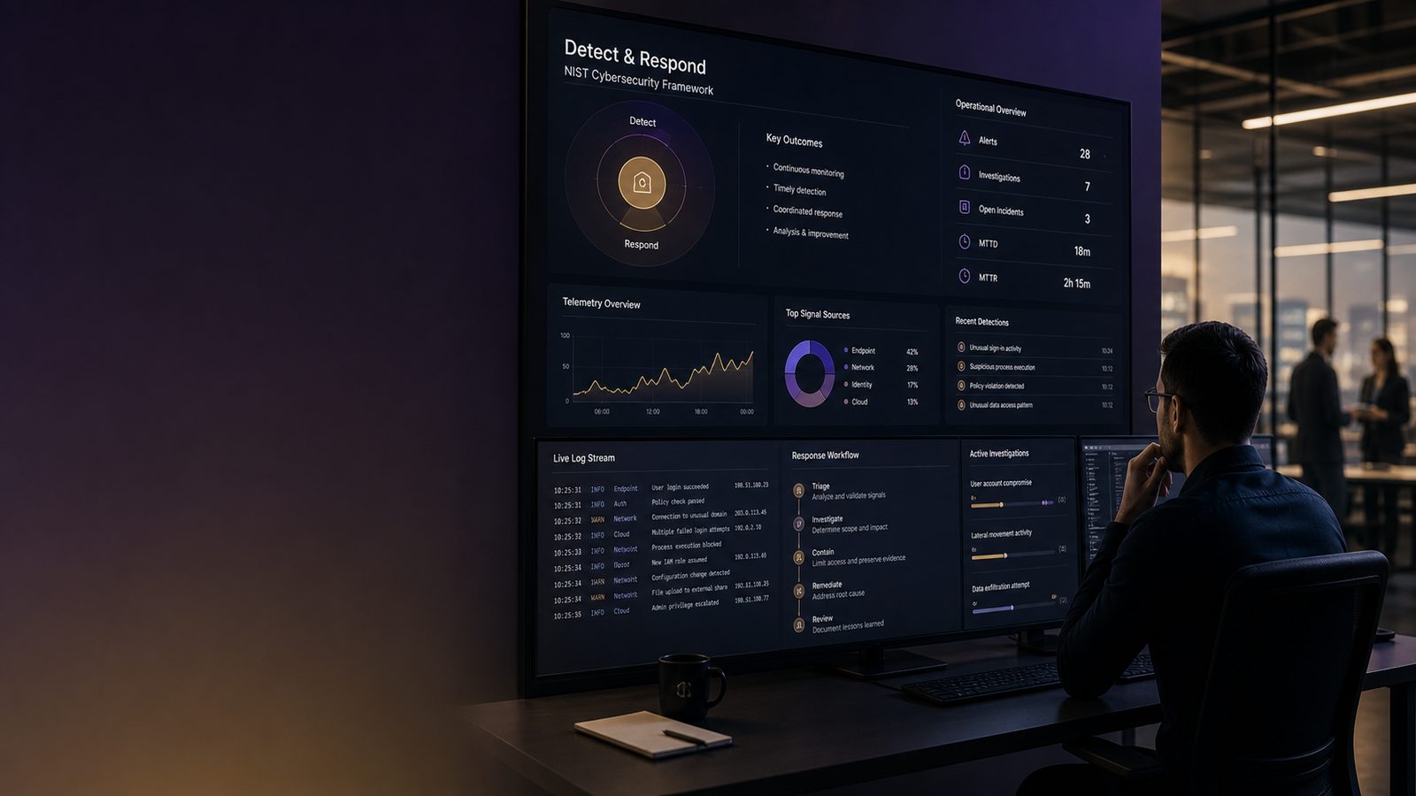 Professional cybersecurity operations dashboard with subtle telemetry and incident response visuals in a modern office setting