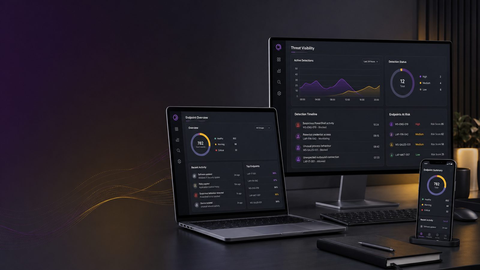 Modern workstation with endpoint devices and subtle security monitoring visuals representing endpoint detection for organisations