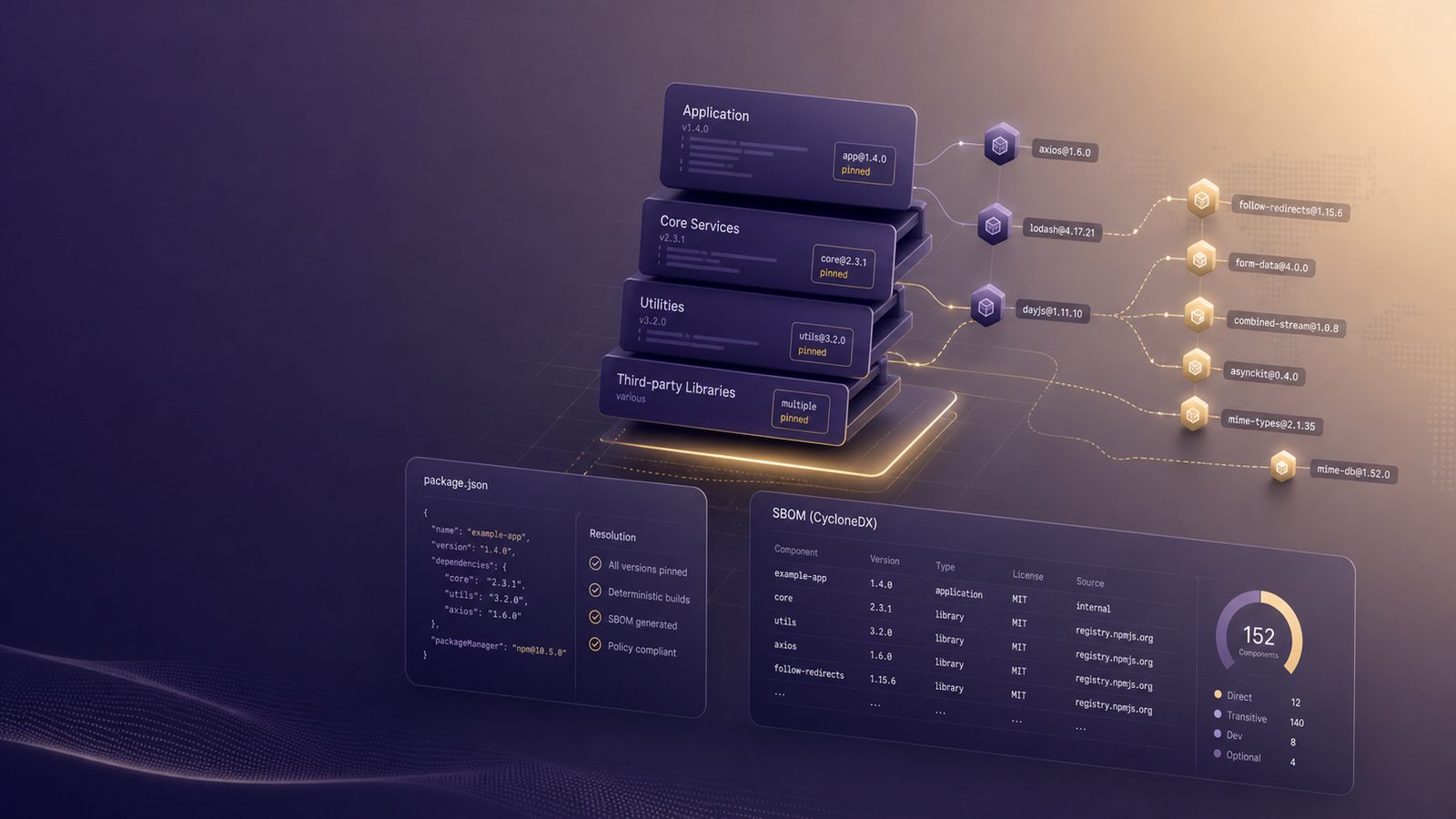 Abstract software dependency graph with layered package nodes, SBOM-style inventory cues, and subtle purple and gold highlights, representing dependency risk and transitive dependencies.