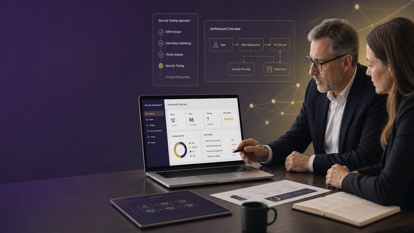 A modern business and technical review scene with a laptop showing a security testing dashboard, subtle interface graphics, and restrained gold and purple accents.