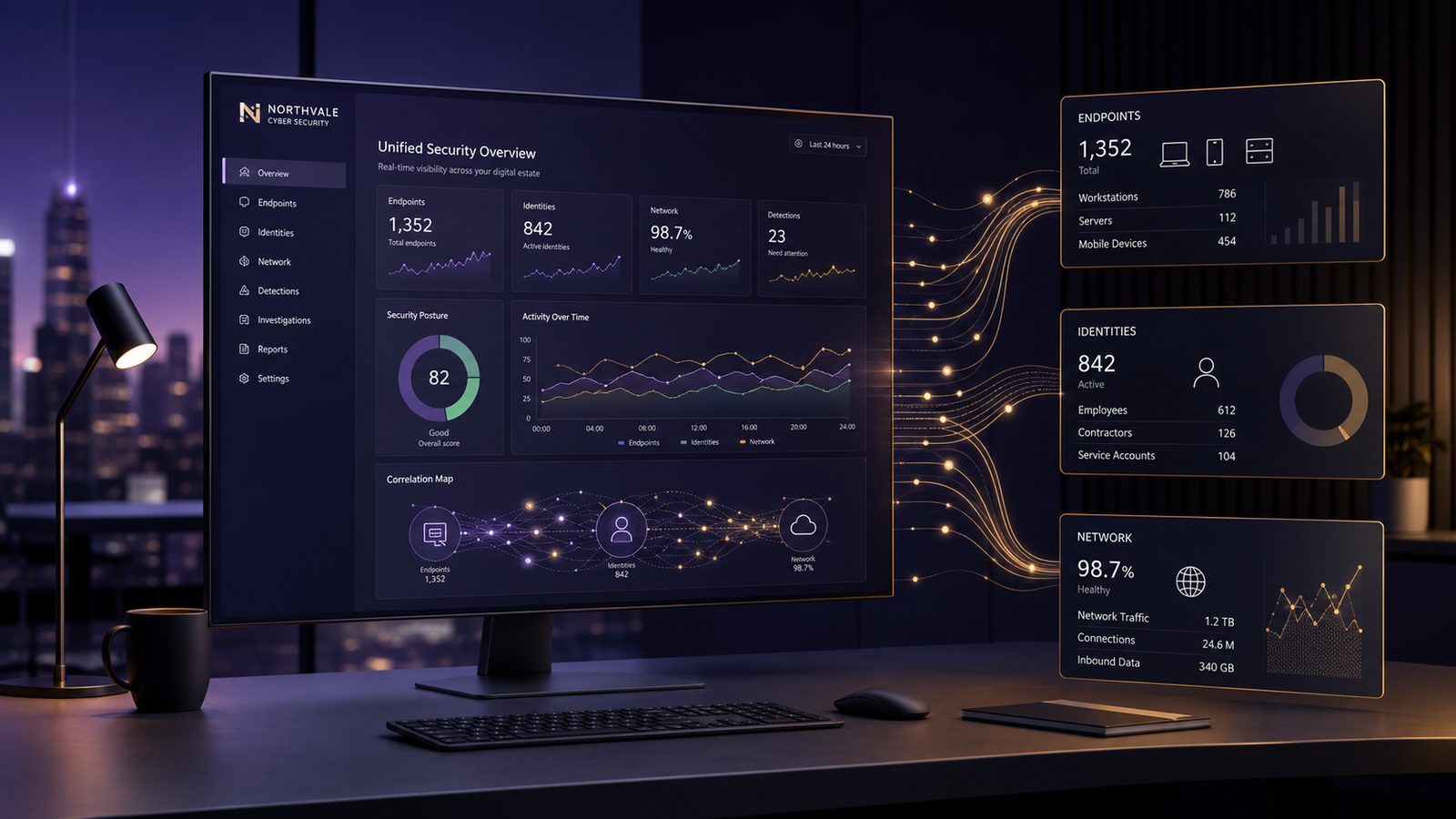 Abstract security operations dashboard showing unified visibility across endpoints, identity, and network data